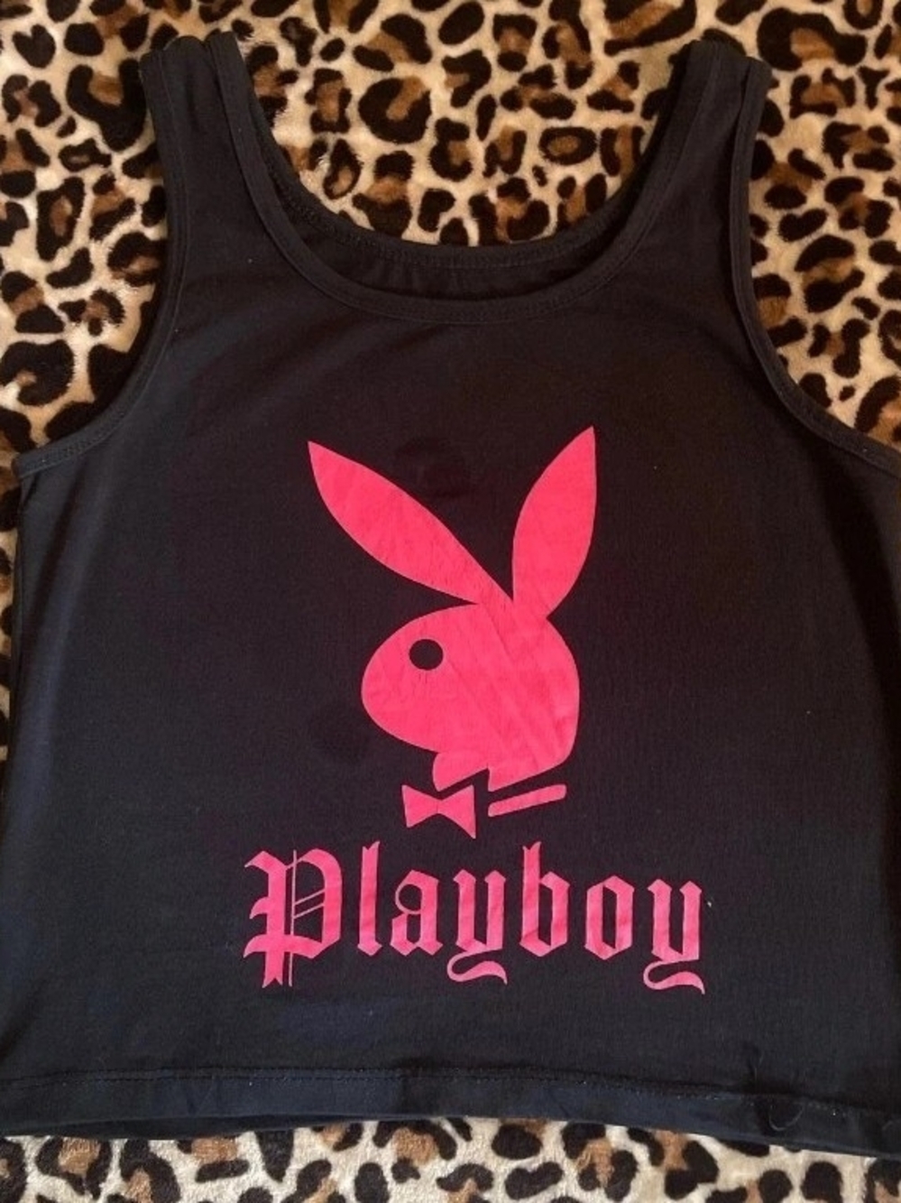 PLAYBOY Black Crop Tank with Hot Pink Bunny Graphic